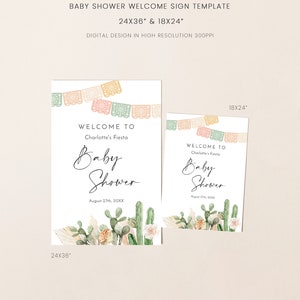 Pu&ograve; includere: Due cartelli di benvenuto stampabili per una festa di baby shower a tema cactus e fiori. Il cartello pi&ugrave; grande misura 24 pollici per 36 pollici, mentre il cartello pi&ugrave; piccolo misura 18 pollici per 24 pollici. Entrambi i cartelli includono un messaggio di benvenuto, il nome "Charlotte's Fiesta" e le parole "Baby Shower".