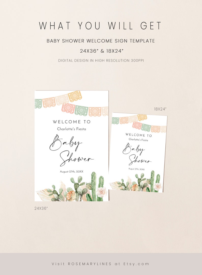 Pu&ograve; includere: Due cartelli di benvenuto stampabili per una festa di baby shower a tema cactus e fiori. Il cartello pi&ugrave; grande misura 24 pollici per 36 pollici, mentre il cartello pi&ugrave; piccolo misura 18 pollici per 24 pollici. Entrambi i cartelli includono un messaggio di benvenuto, il nome "Charlotte's Fiesta" e le parole "Baby Shower".