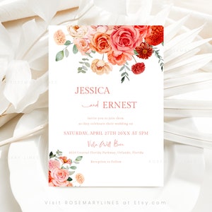 Coral wedding invitation template, bright vibrant orange peach floral wedding invitations, salmon pink wedding invites, blush greenery #123