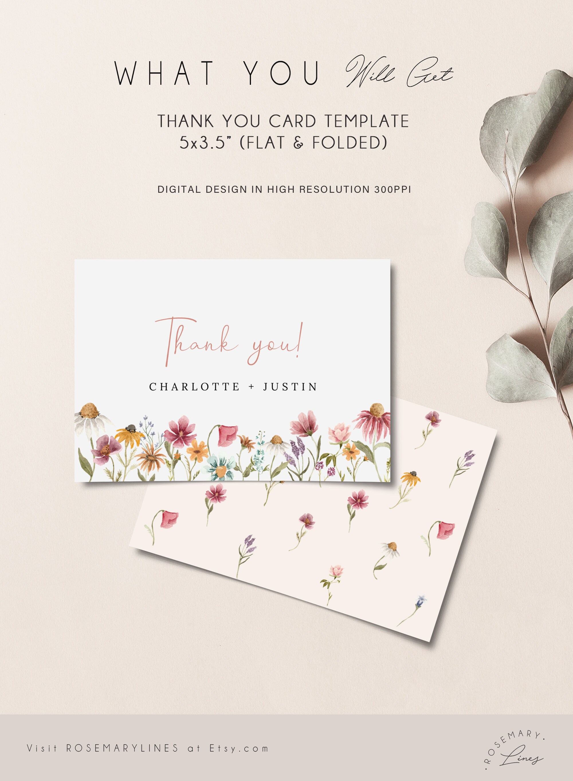 Wildflower Wedding Thank You Card Template, Bright Floral Thank You ...