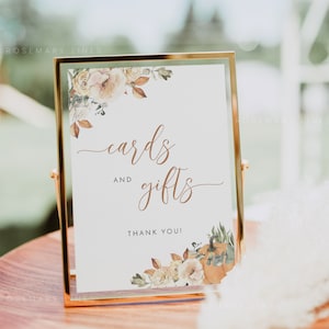Pumpkin cards and gifts sign template, fall wedding gifts sign, autumn leaves fall floral wedding signs, bridal baby shower gift sign #120