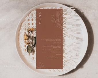 Terracotta fall wedding menu template modern abstract burnt orange menu template with minimal leaves boho menu cards rust wedding menu #111