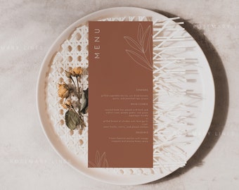 Terracotta wedding menu template, modern abstract burnt orange menu template with minimal leaves, boho menu cards, rust wedding menu #111