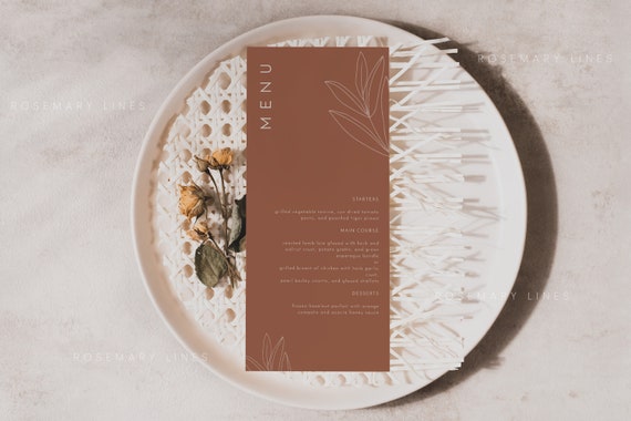 Terracotta fall wedding menu template modern abstract burnt orange menu template with minimal leaves boho menu cards rust wedding menu #111