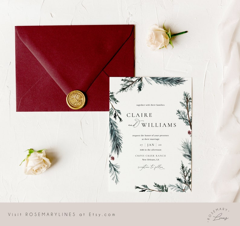 mountain wedding invitations greenery wedding invites Winter pine wedding invitation set template rustic woodlands forest woodsy #130-5