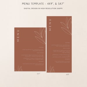 May include: Two brown menu templates with a white line drawing of a leaf. The text "MENU" is at the top of each template. The smaller template is 5x7 inches and the larger template is 4x9 inches. The text "WHAT YOU Will Get" is at the top of the page.