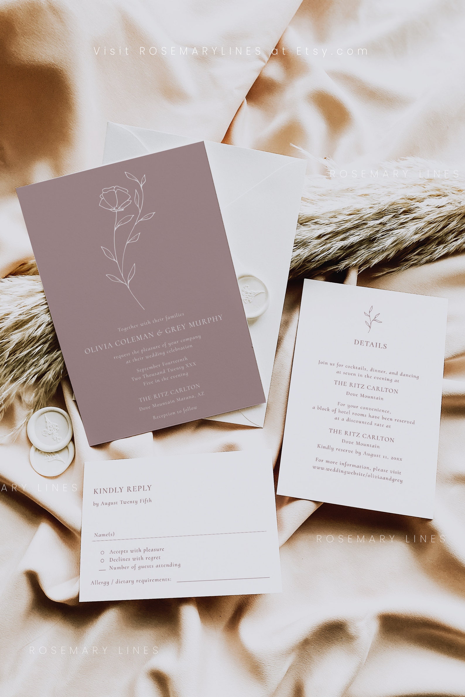 Mauve Wedding Invitation Set Template Wildflower Hand Drawn | Etsy