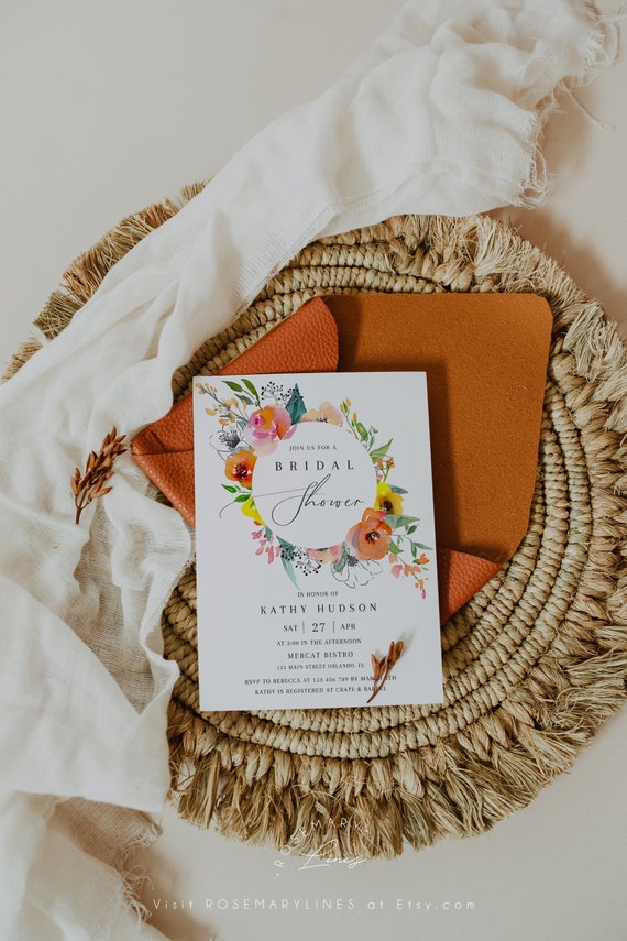 Summer Bridal Shower Invitation Template Colorful Bright Etsy