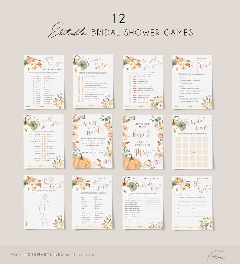 Fall bridal shower games bundle - pumpkin shower games - printable games template - neutral boho autumn rustic bridal party games #120 imagen 1