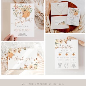 May include: A set of printable cards for a first birthday party with a fall theme. The cards feature a watercolor illustration of pumpkins, flowers, and leaves. The text on the cards reads "Our little pumpkin is turning one!" and "Charlotte's 1st Birthday".