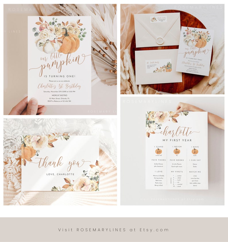 May include: A set of printable cards for a first birthday party with a fall theme. The cards feature a watercolor illustration of pumpkins, flowers, and leaves. The text on the cards reads "Our little pumpkin is turning one!" and "Charlotte's 1st Birthday".
