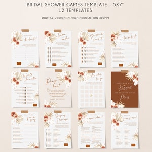 May include: Bridal shower games template with 12 printable games. Each game card is 5x7 inches and features a neutral color palette with floral and botanical accents. Games include "How well do you know the bride?", "Over or Under?", and "Guess who said it?"
