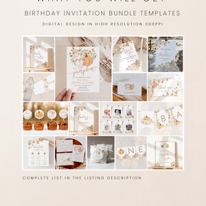 May include: A digital printable bundle of fall-themed birthday party decorations. The set includes an invitation, welcome sign, thank you card, favor tags, cupcake toppers, a banner, and a photo booth backdrop. The design features pumpkins, leaves, and floral elements in shades of orange, brown, and white.