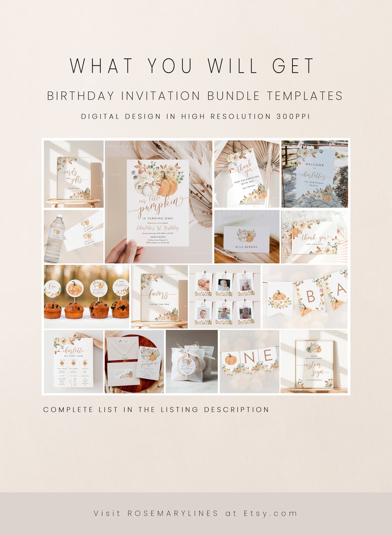 May include: A digital printable bundle of fall-themed birthday party decorations. The set includes an invitation, welcome sign, thank you card, favor tags, cupcake toppers, a banner, and a photo booth backdrop. The design features pumpkins, leaves, and floral elements in shades of orange, brown, and white.