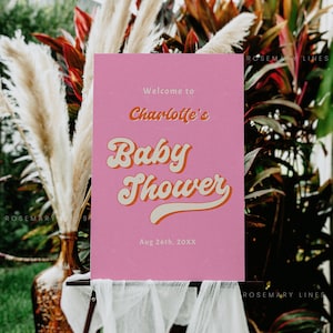 Retro bright pink baby shower welcome sign, hot pink orange welcome sign template, 70&#39;s groovy baby shower signs, pink terracotta sign #192