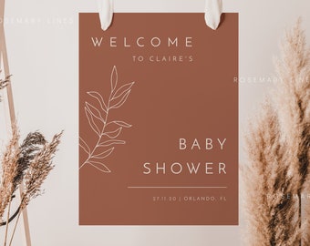 Terracotta boho baby shower welcome sign template, minimal welcome sign, leaves baby shower poster, burnt orange fall welcome sign #111