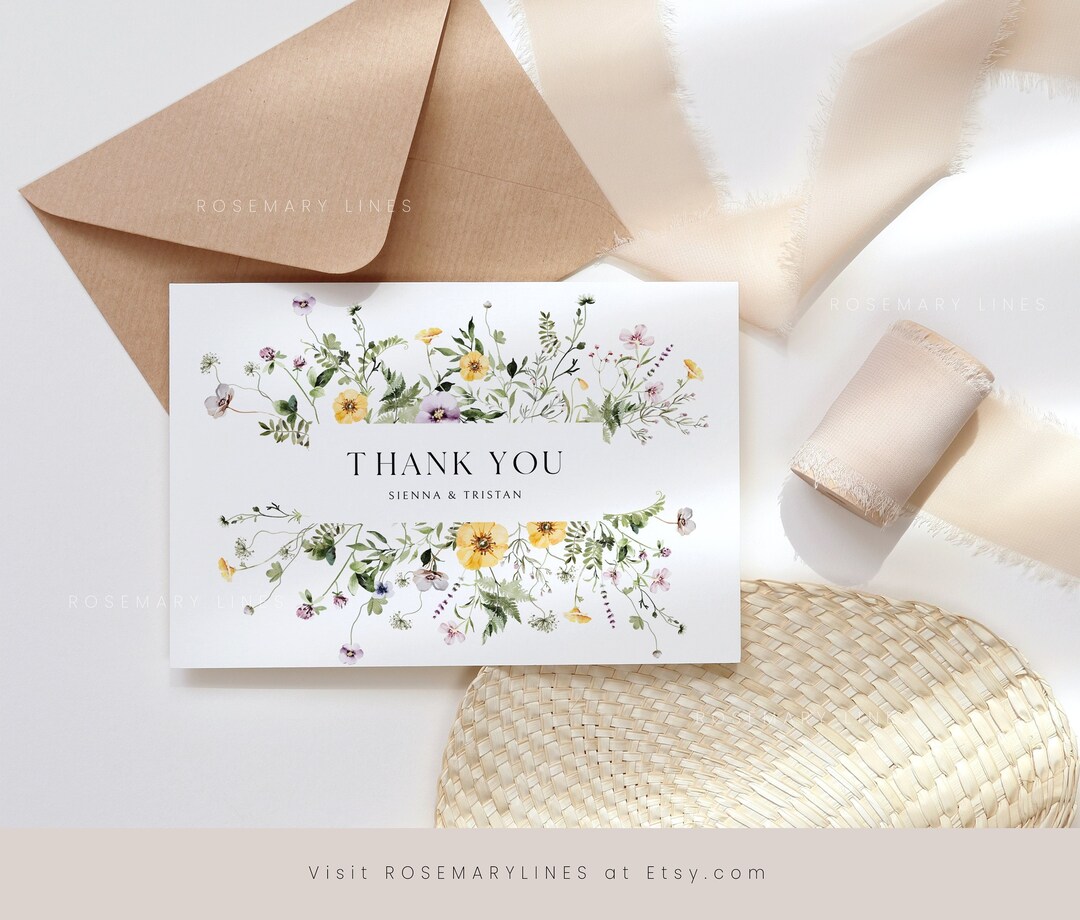 Wildflower Thank You Card Template, Elegant Rustic Floral Wedding Thank ...