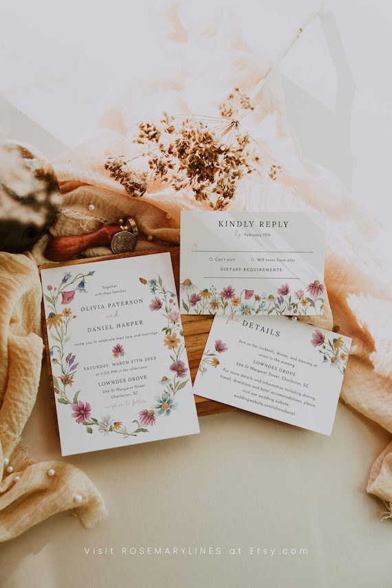 Wildflower Wedding Invitation Invitation Template Set of 3 