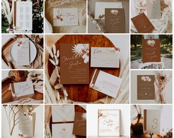 Boho wedding invitation bundle template, terracotta wedding bundle, pampas grass wedding invitation set, dried palm burnt orange desert #135