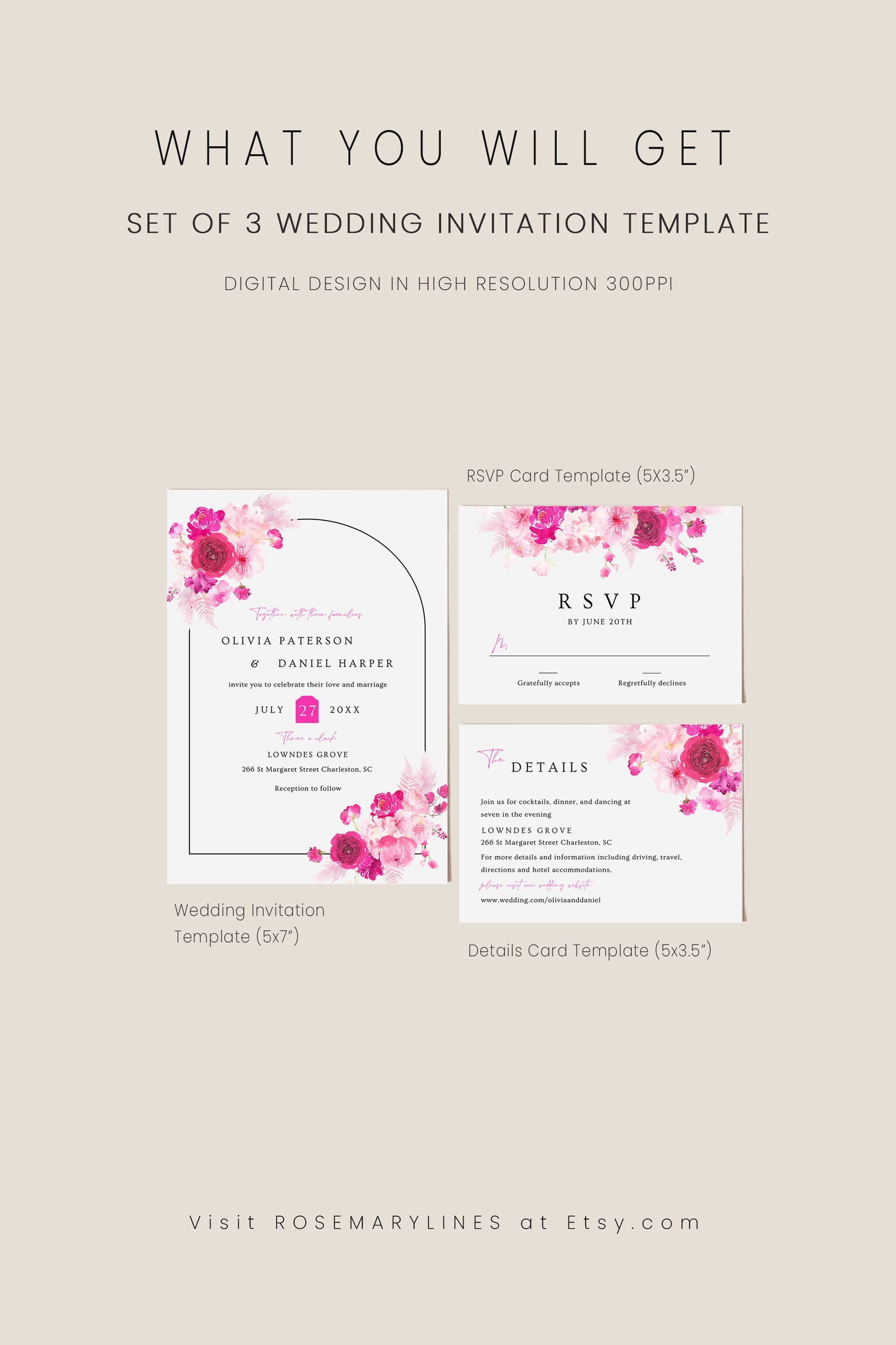 Hot Pink Wedding Invitation Set Template Pink and Blush Etsy