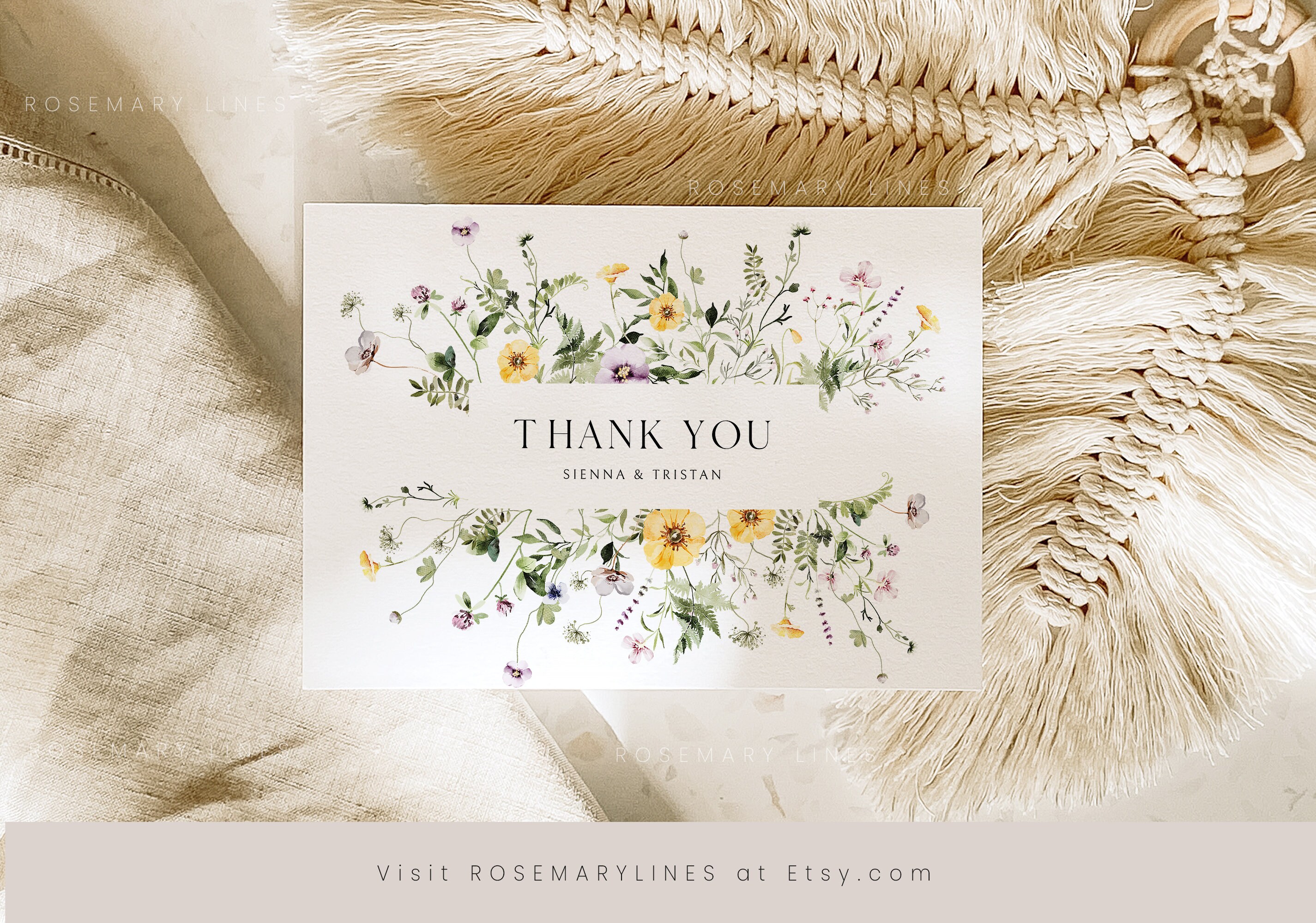 Wildflower Thank You Card Template, Elegant Rustic Floral Wedding Thank ...