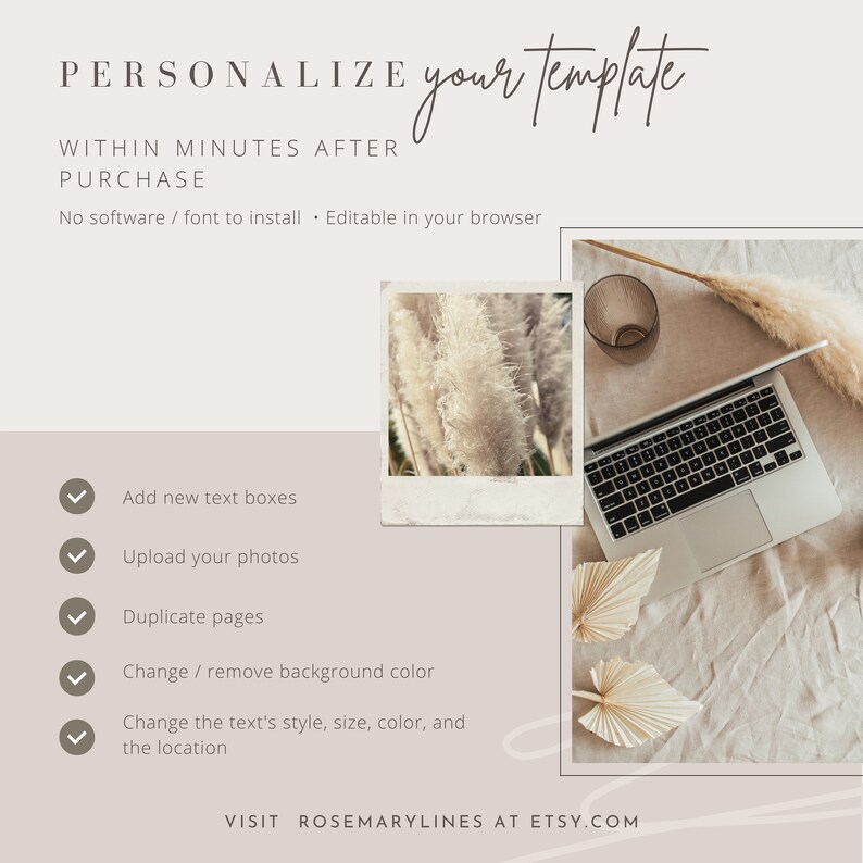 May include: A laptop, glass, and dried plants are arranged on a beige surface. The text reads "PERSONALIZE your template" and lists features like adding text boxes and changing colors. The Etsy shop name "ROSEMARYLINES" is also visible.