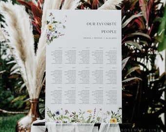 May include: A white wedding seating chart sign titled Our Favorite People with the names Sienna and Tristan and the date 04.26.20XX. The sign features colorful floral illustrations at the top left and bottom, listing guests by table number.