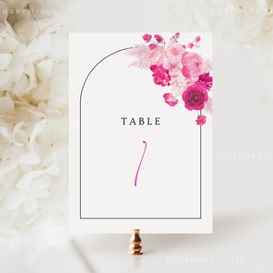 Hot pink floral table number template, blush bubblegum pink table numbers wedding, fuchsia magenta summer printable table number 212 image 1