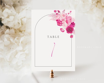 Hot pink floral table number template, blush bubblegum pink table numbers wedding, fuchsia magenta summer printable table number #212