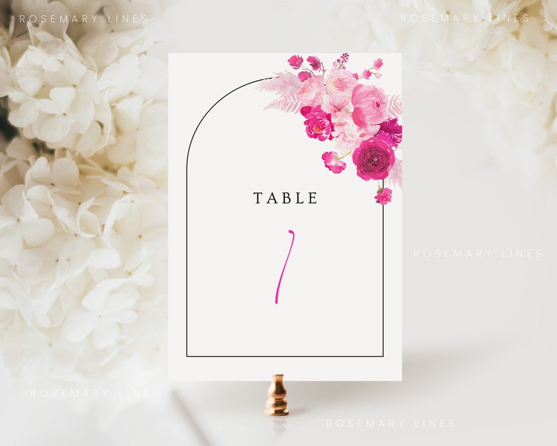 Hot pink floral table number template, blush bubblegum pink table numbers wedding, fuchsia magenta summer printable table number 212 image 1