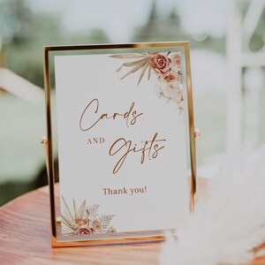 Rust wedding gifts sign, boho cards and gifts sign printable, dried palm bridal shower gifts sign, burnt orange terracotta floral #141