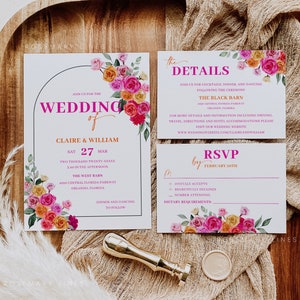 Puede incluir: Conjunto de invitaciones de boda con dise&ntilde;os florales. La invitaci&oacute;n principal presenta un arco floral rosa y naranja con el texto "Join us for the Wedding of Claire & William". La tarjeta RSVP presenta un dise&ntilde;o floral rosa y naranja con el texto "RSVP by February 20th".