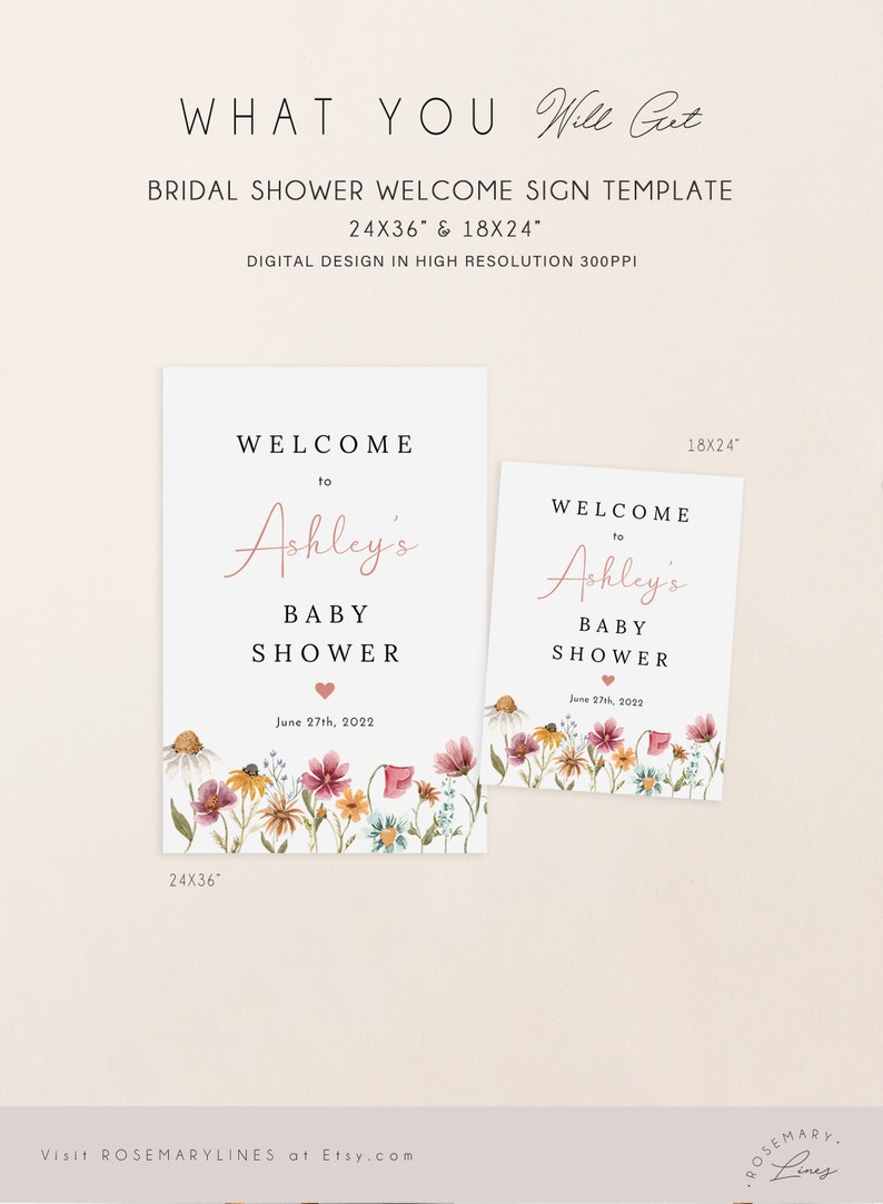 May include: Two printable welcome signs for a baby shower. The signs feature a floral design with a pink heart and the text "Welcome to Ashley's Baby Shower June 27th, 2022". The signs are available in two sizes: 24x36 inches and 18x24 inches.