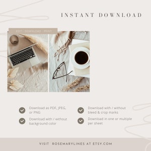 K&ouml;nnte beinhalten: &Auml;sthetisches digitales Download-Produktbild mit Laptop, Kaffeetasse und dekorativen Elementen. Der Text enth&auml;lt "Sofort-Download" und Optionen zum Herunterladen als PDF, JPEG oder PNG. Besuchen Sie Rosemarylines auf Etsy.com.