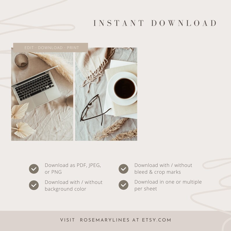 K&ouml;nnte beinhalten: &Auml;sthetisches digitales Download-Produktbild mit Laptop, Kaffeetasse und dekorativen Elementen. Der Text enth&auml;lt "Sofort-Download" und Optionen zum Herunterladen als PDF, JPEG oder PNG. Besuchen Sie Rosemarylines auf Etsy.com.