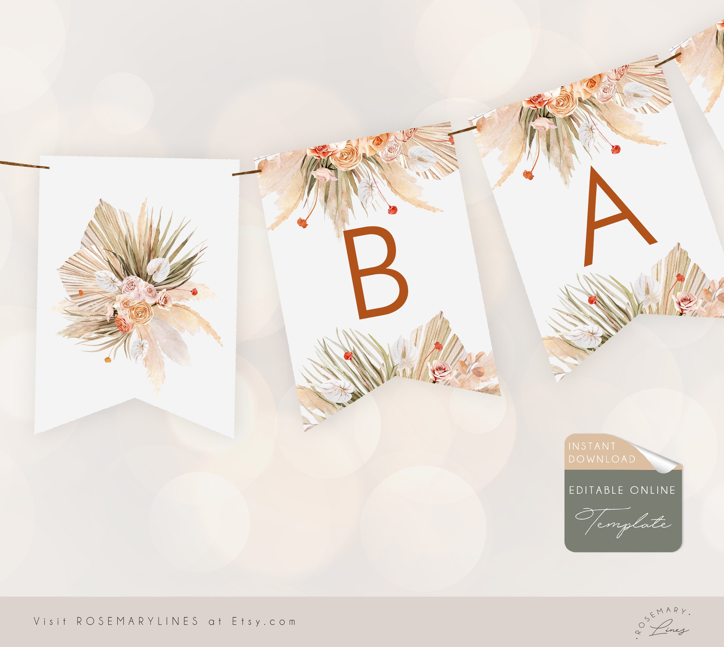 Boho banner template, pampas grass alphabet banner, baby, bridal shower  editable bunting, orange floral printable banner, diy banner #23-23 Pertaining To Bridal Shower Banner Template