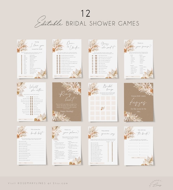 Earthy desert boho bridal shower games template, muted floral pampas grass bridal shower games bundle, dusty orange toffee roses #143