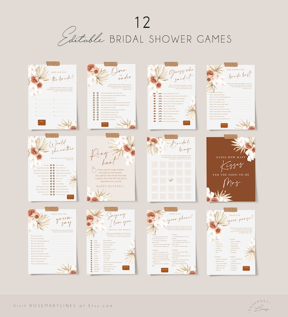 Boho bridal shower games bundle, burnt orange pampas grass bridal shower games template, fall terracotta dried palm rust bridal games #135