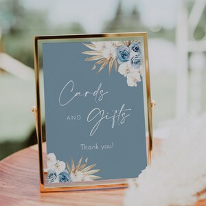 Dusty blue cards and gifts template, dried palm boho boy baby shower signs, pampas grass gifts sign, baby blue light blue rose orchid #173