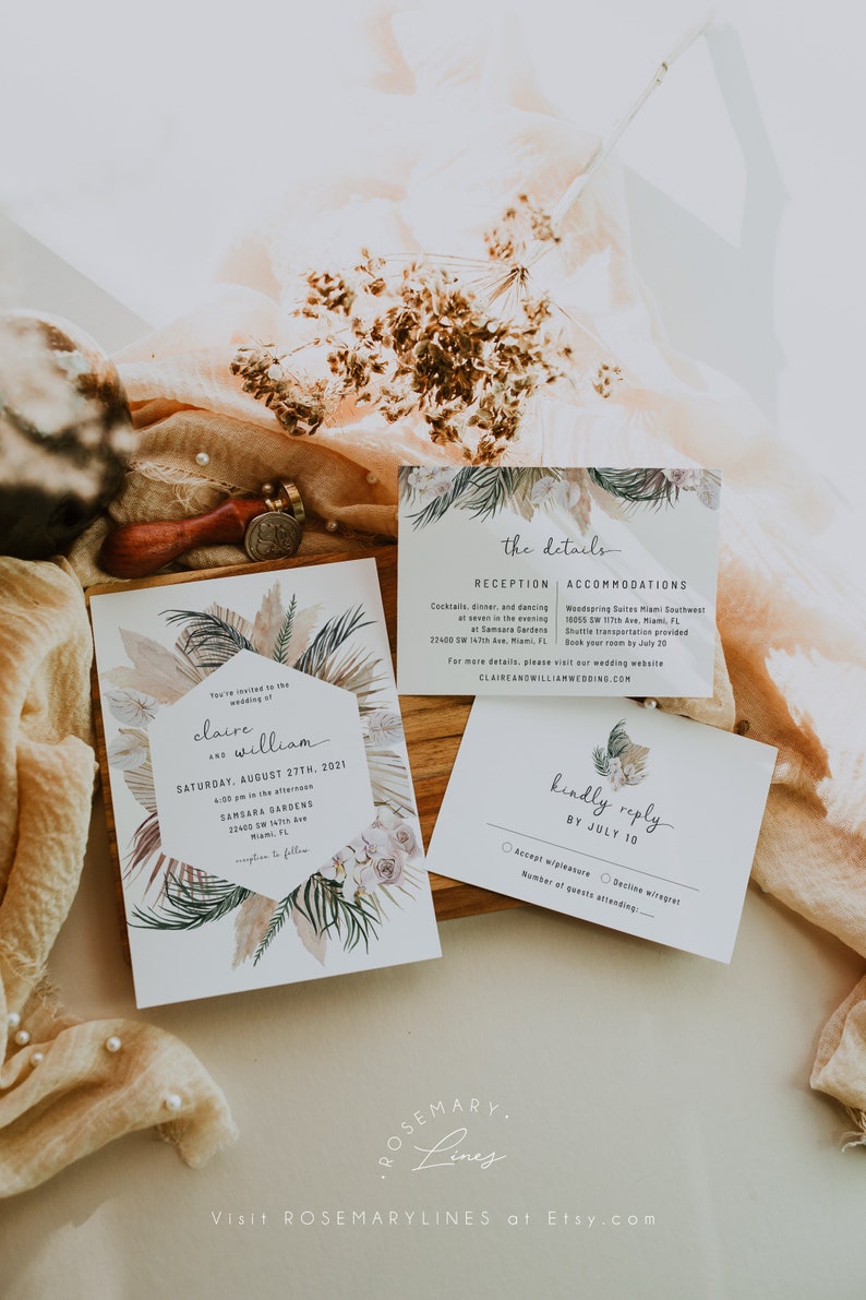 Pampas Grass Dried Palm Leaf Wedding Invitations 108 Beach Boho Wedding Invites Tropical Bohemian Wedding Invitation Set Template Invitations Announcements Paper Party Supplies