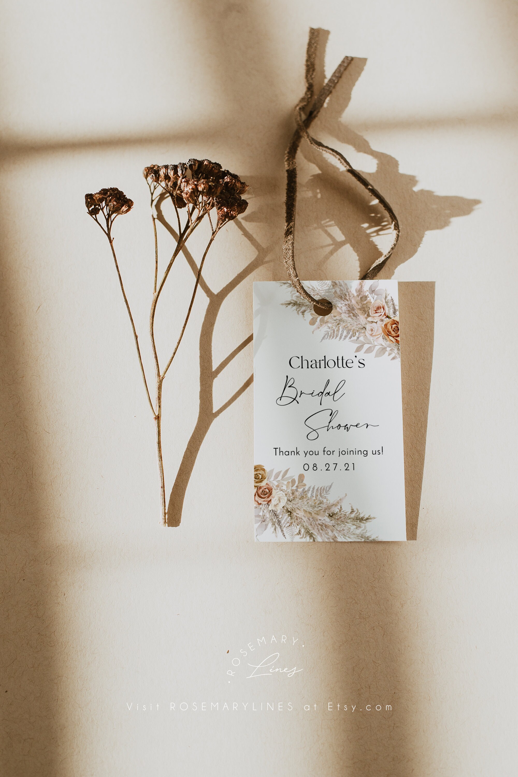 Boho Bridal Shower Tag, Pampas Grass Favor Tag Template, Terracotta ...