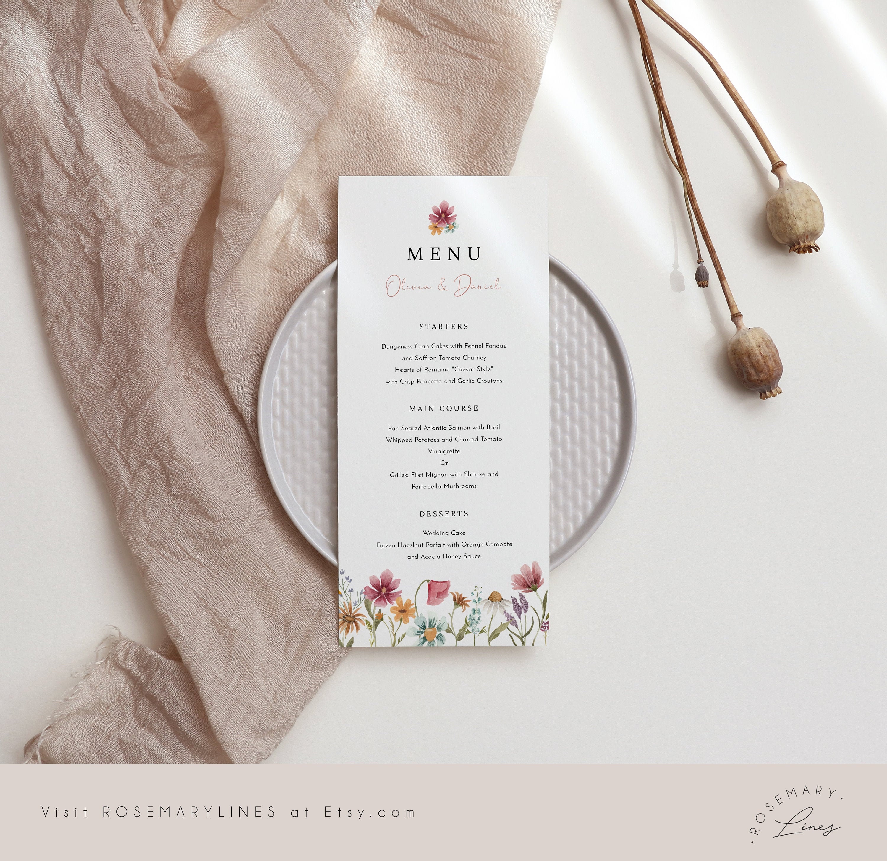 Wildflower wedding menu template bright floral menu cards Etsy