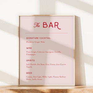 Pink and red bar menu sign template, mid century modern retro wedding bar sign, 70s bar menu wedding, minimal wedding signs, Corjl 178