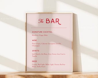 Pink and red bar menu sign template, mid century modern retro wedding bar sign, 70s bar menu wedding, minimal wedding signs, Corjl 178