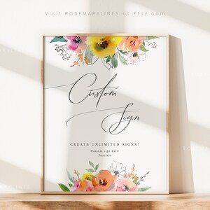 Summer floral custom sign template, spring bright floral custom sign printable, coral blush yellow editable sign, portrait landscape #093