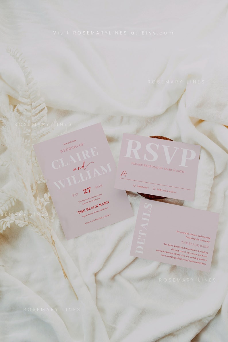 May include: A collection of pink wedding stationery with white text. The invitation card states "Wedding of Claire and William" with the date March 27th. An RSVP card and details card are also included. The text "ROSEMARY LINES" is at the bottom.