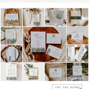 Pine tree wedding bundle, mountain wedding invitation set template, rustic pine wedding invitation bundle, national park, pine forest #105