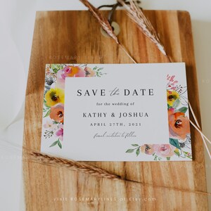May include: Save the date card with a watercolour floral border. The card is white with black text that reads "Save the Date for the wedding of Kathy & Joshua April 27th, 2021 formal invitation to follow Visit Rosemarylines at Etsy.com"