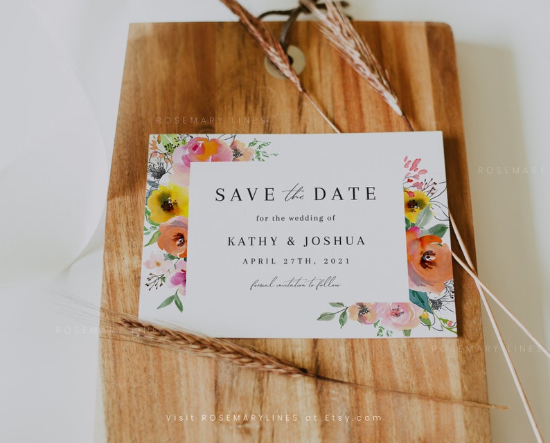 May include: Save the date card with a watercolour floral border. The card is white with black text that reads "Save the Date for the wedding of Kathy & Joshua April 27th, 2021 formal invitation to follow Visit Rosemarylines at Etsy.com"