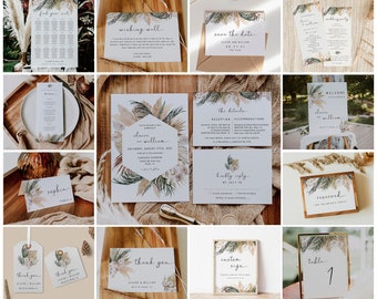 Tropical bohemian wedding invitation set template, boho wedding bundle, pampas grass dried palm leaf rose wedding invitation bundle #108